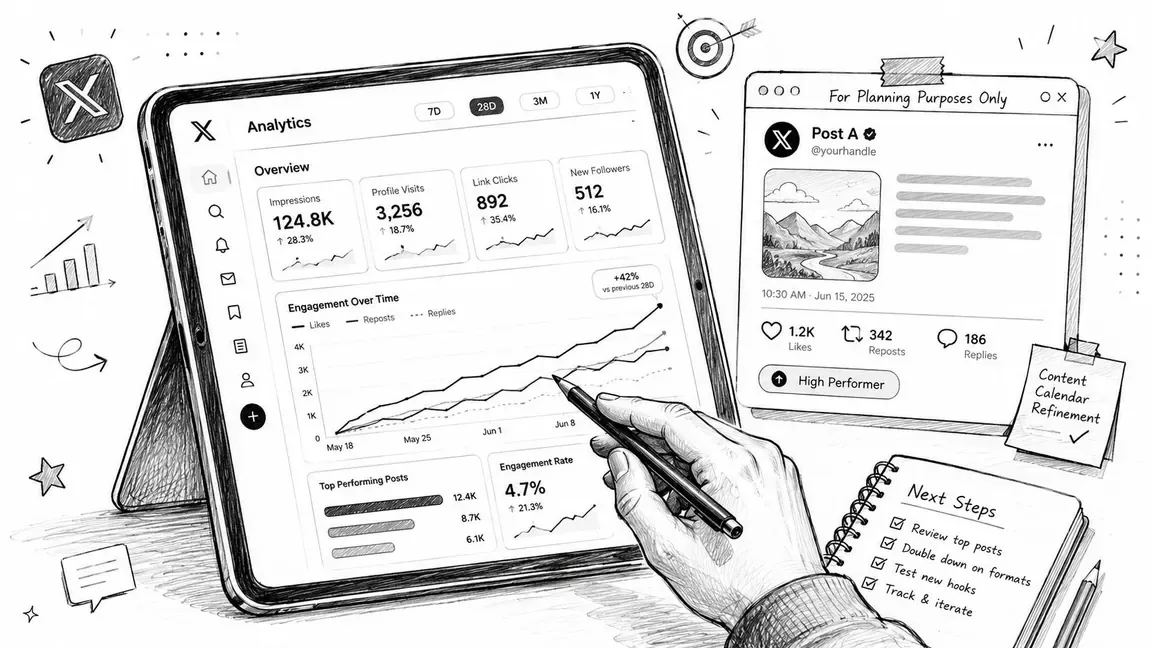 A hand using a stylus on a tablet displaying X analytics charts and social media post performance.