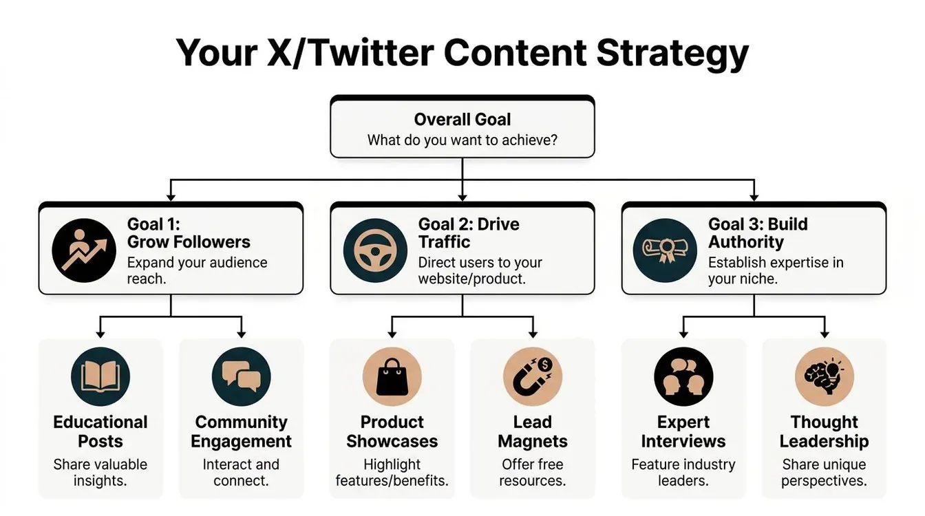 A strategic flowchart for X content planning, outlining goals to grow followers, drive traffic, and build authority.