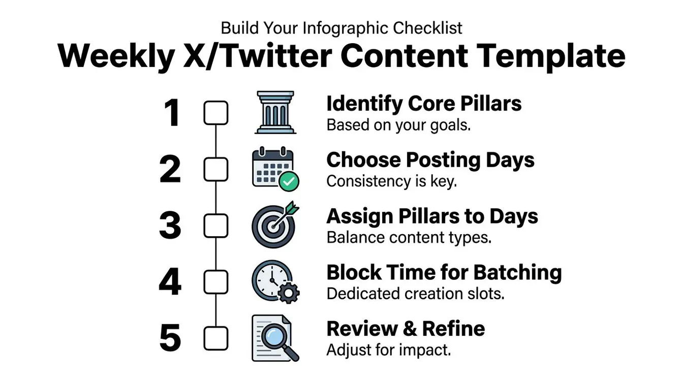 A weekly X content strategy checklist outlining five steps for creating social media posts.