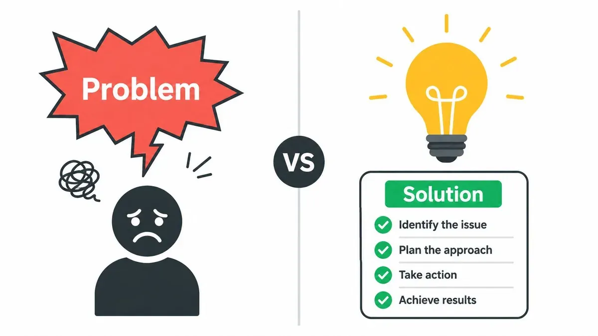 A split image showing a sad person with a problem and a lightbulb representing a solution.