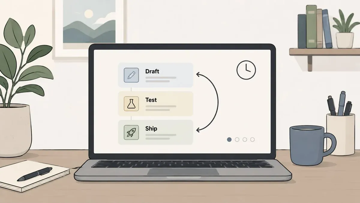A laptop screen displaying a content workflow process featuring Draft, Test, and Ship stages in a clean illustration.