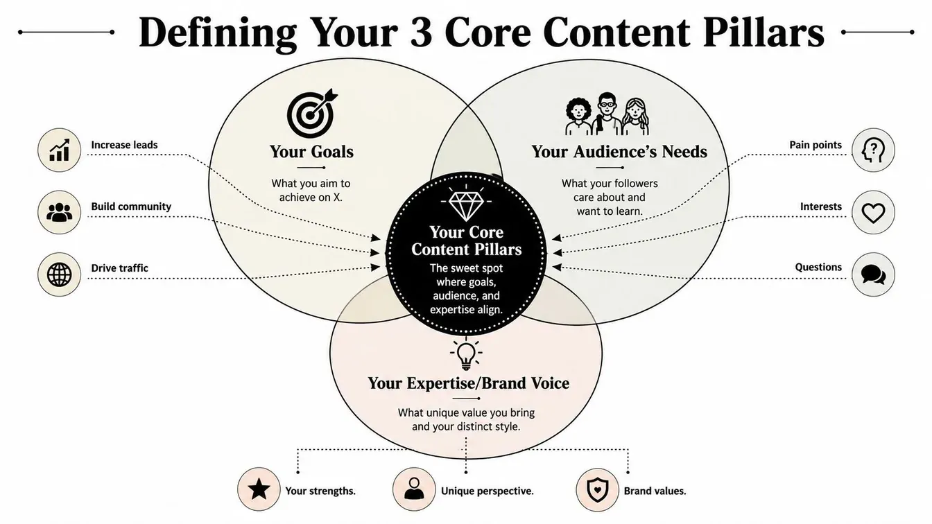 A Venn diagram showing how goals, audience needs, and brand expertise define core content pillars for social media.