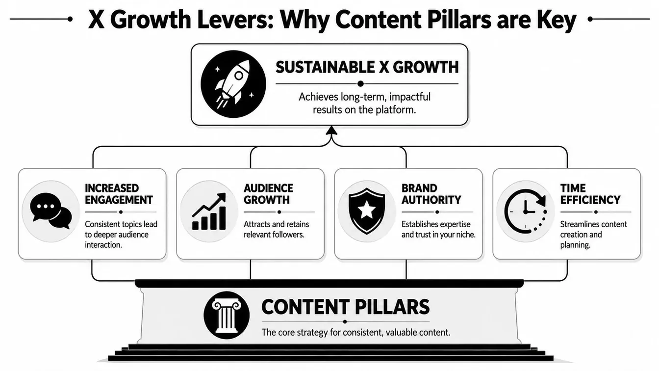 A diagram showing how content pillars drive sustainable X growth through engagement, audience growth, authority, and efficiency.