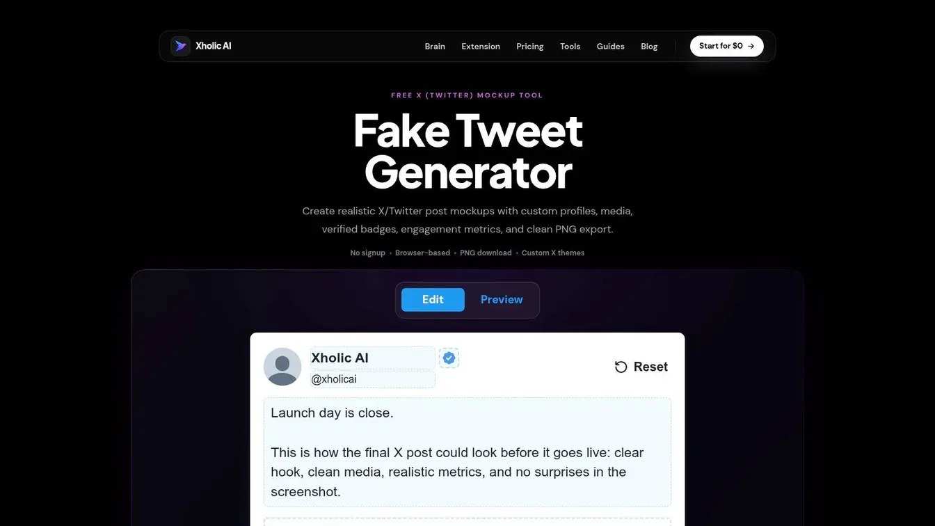 The Xholic fake tweet generator used to preview an X post before publishing.