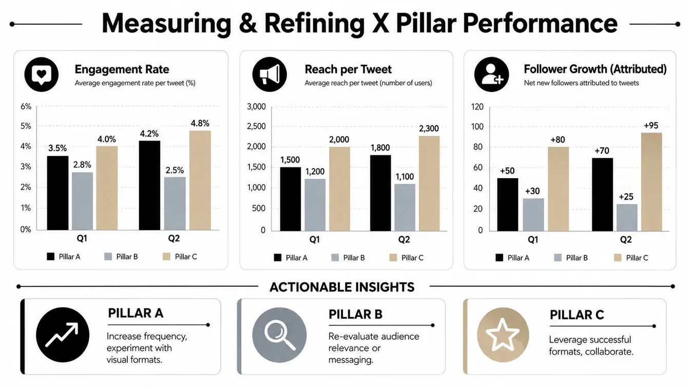 A performance dashboard comparing engagement, reach, and follower growth across three X content pillars.