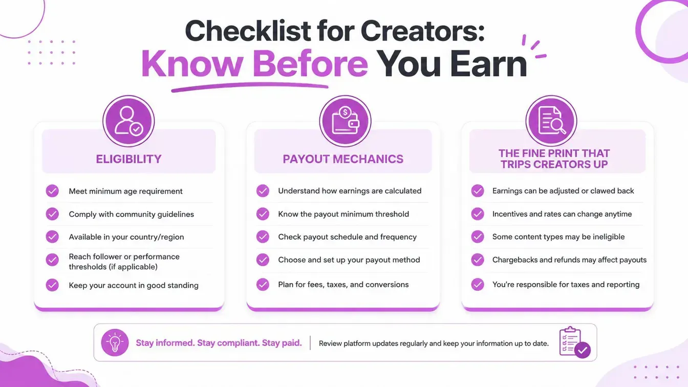 A checklist covering eligibility, payout setup, policy compliance, fees, taxes, and reporting for X creators.