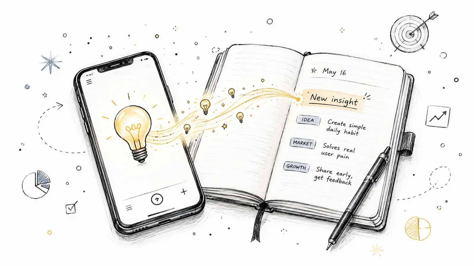 A digital sketch showing a light bulb on a smartphone transferring ideas into a notebook.