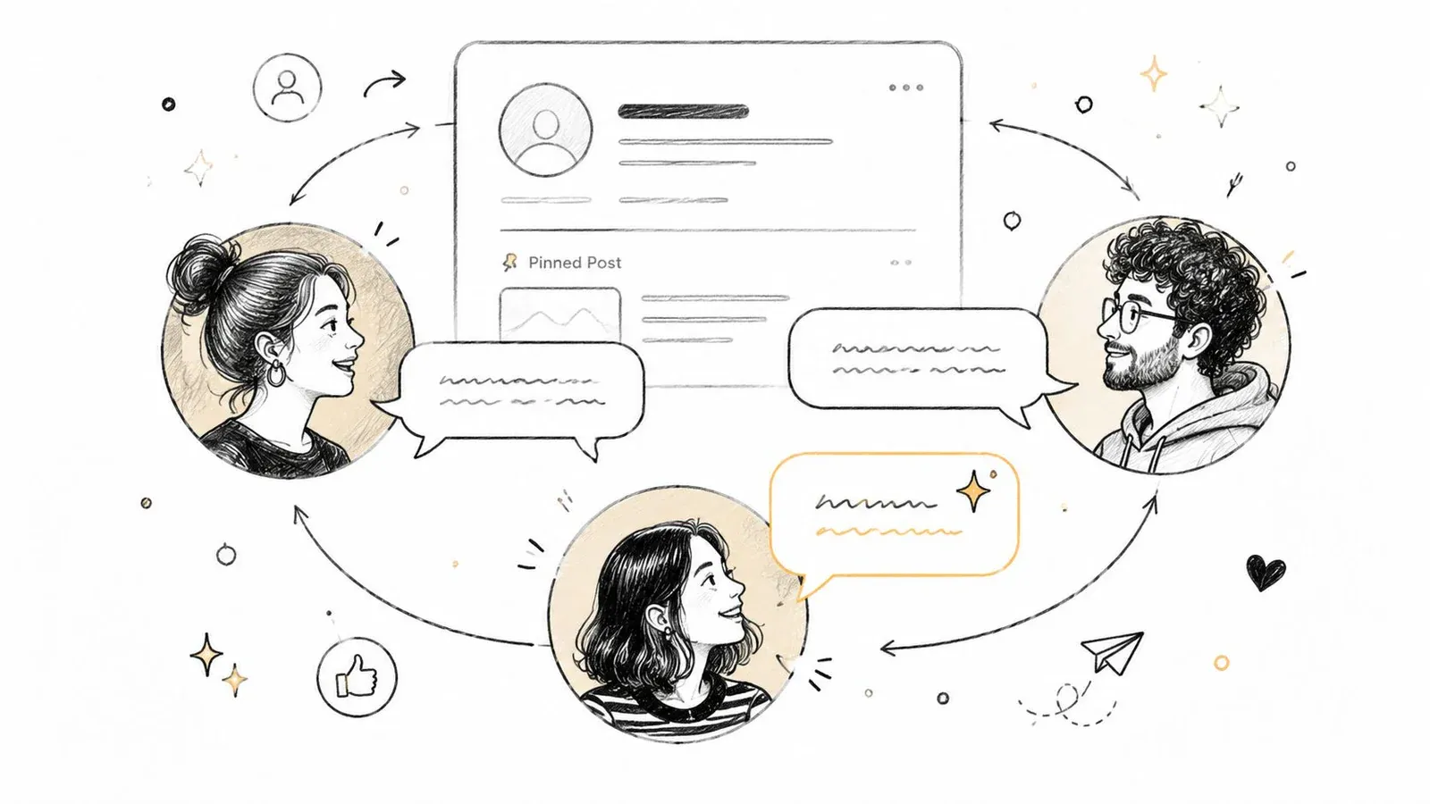 A hand-drawn illustration showing three people interacting with a central social media post and speech bubbles.