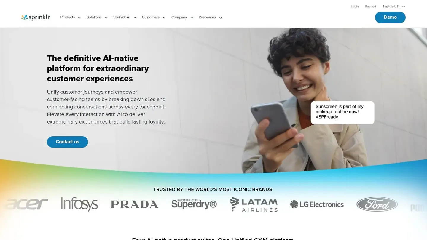 Sprinklr enterprise customer experience platform and AI-assisted care workflow.