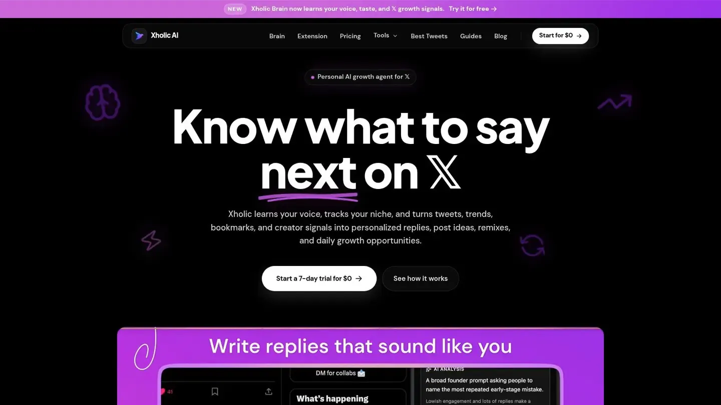 Xholic AI landing page showing its personalized AI growth workflow for X.