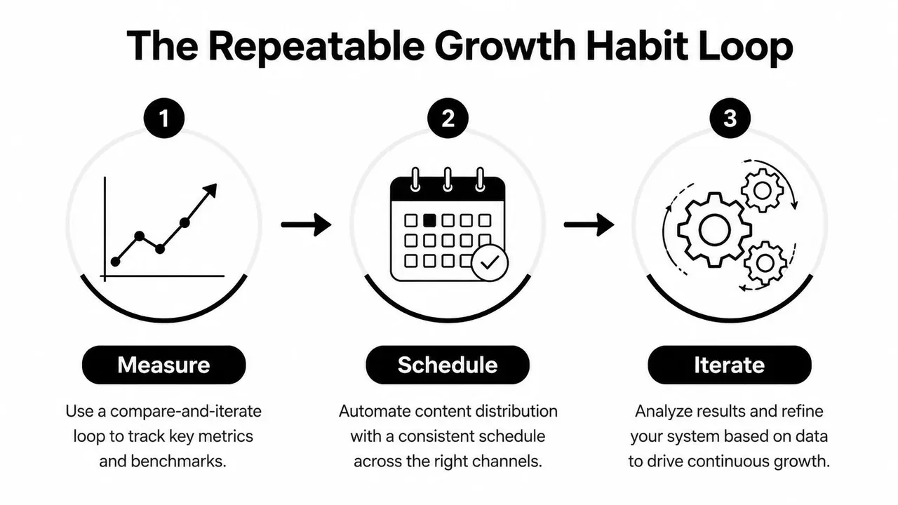 A three-step process diagram illustrating a repeatable growth habit loop for measuring, scheduling, and iterating content strategies.
