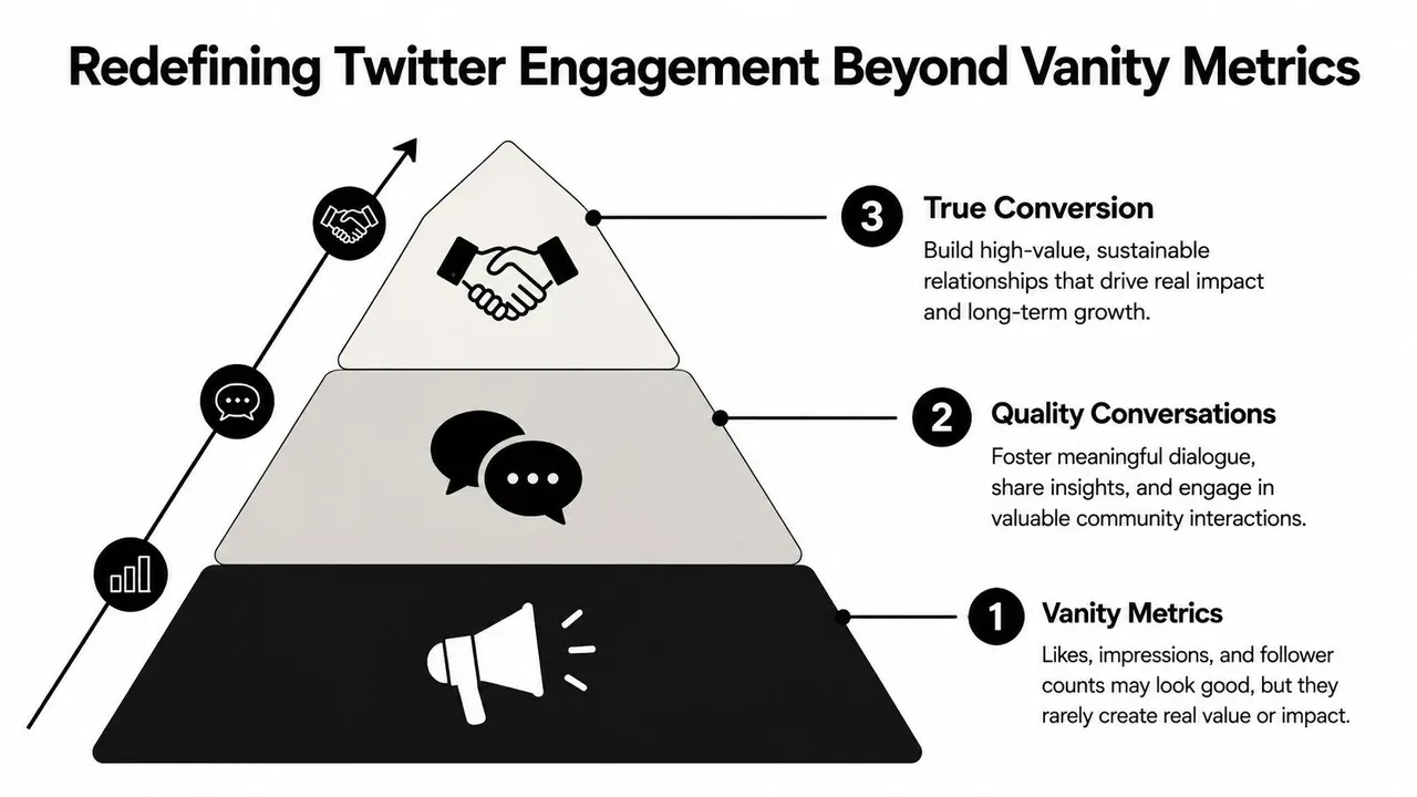 A pyramid diagram showing a strategy for redefining Twitter engagement beyond basic vanity metrics towards true conversion.