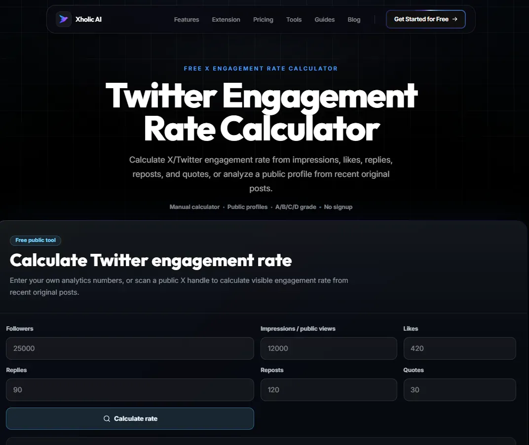 Twitter Engagement Rate Calculator interface with manual fields for followers, impressions, likes, replies, reposts, and quotes.