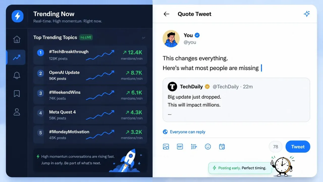 A social media interface showing a Twitter-style quote tweet screen alongside a list of trending topics.