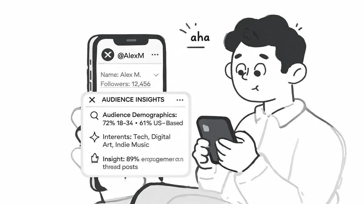 A line-art illustration of a person holding a smartphone showing Twitter audience demographic and engagement insights data.