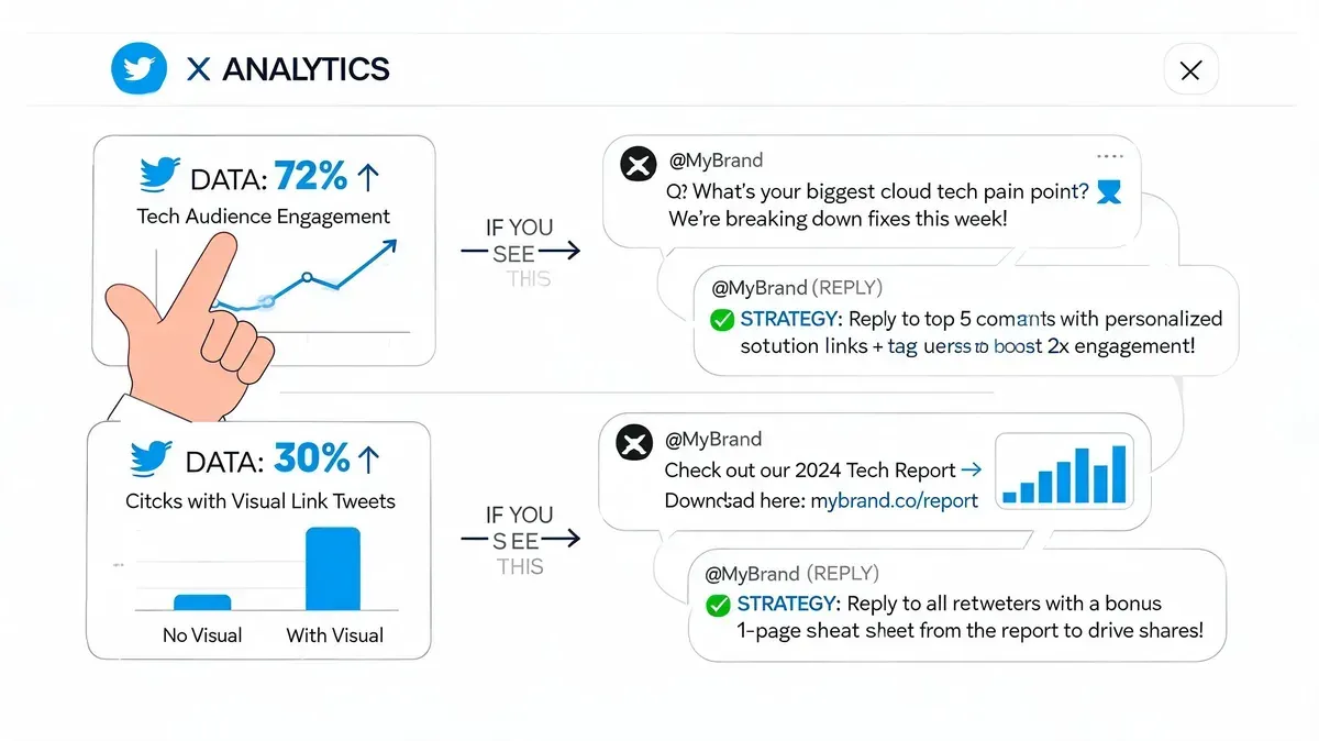 A diagram illustrating Twitter follower analytics data showing strategies to improve audience engagement and link click-through rates.