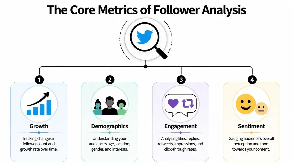 A diagram illustrating the four core metrics of Twitter follower analysis: growth, demographics, engagement, and sentiment.