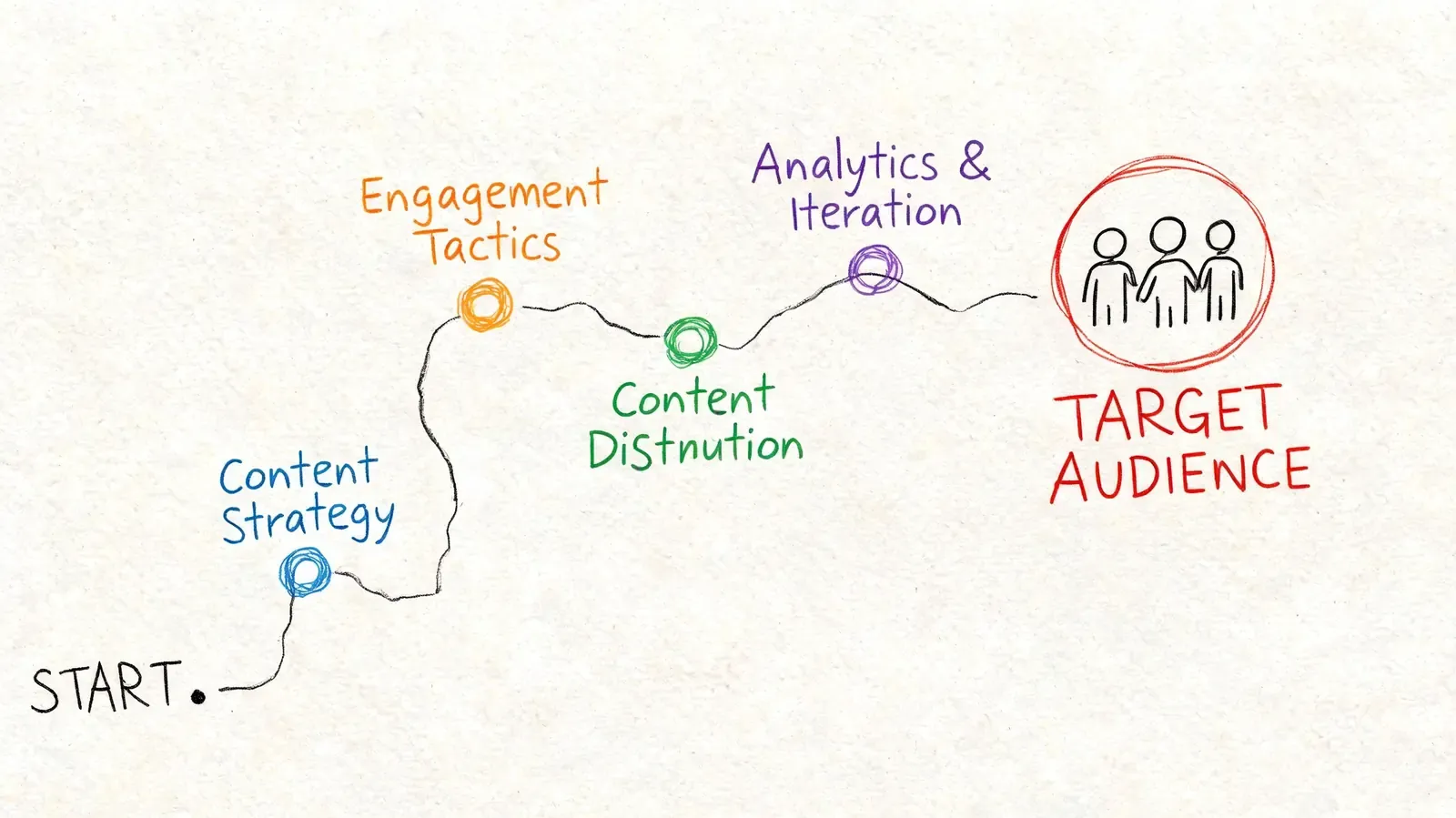 A hand-drawn illustration showing a roadmap from content strategy to reaching the target audience.