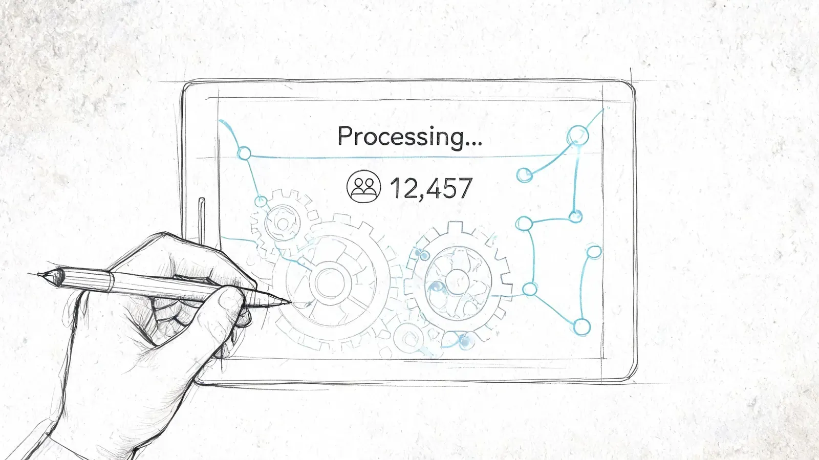 A hand-drawn sketch of a tablet screen showing a processing status with a follower count of 12,457.