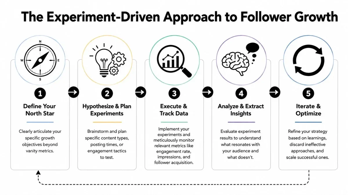 A flowchart showing five steps for an experiment-driven approach to social media follower growth strategy.