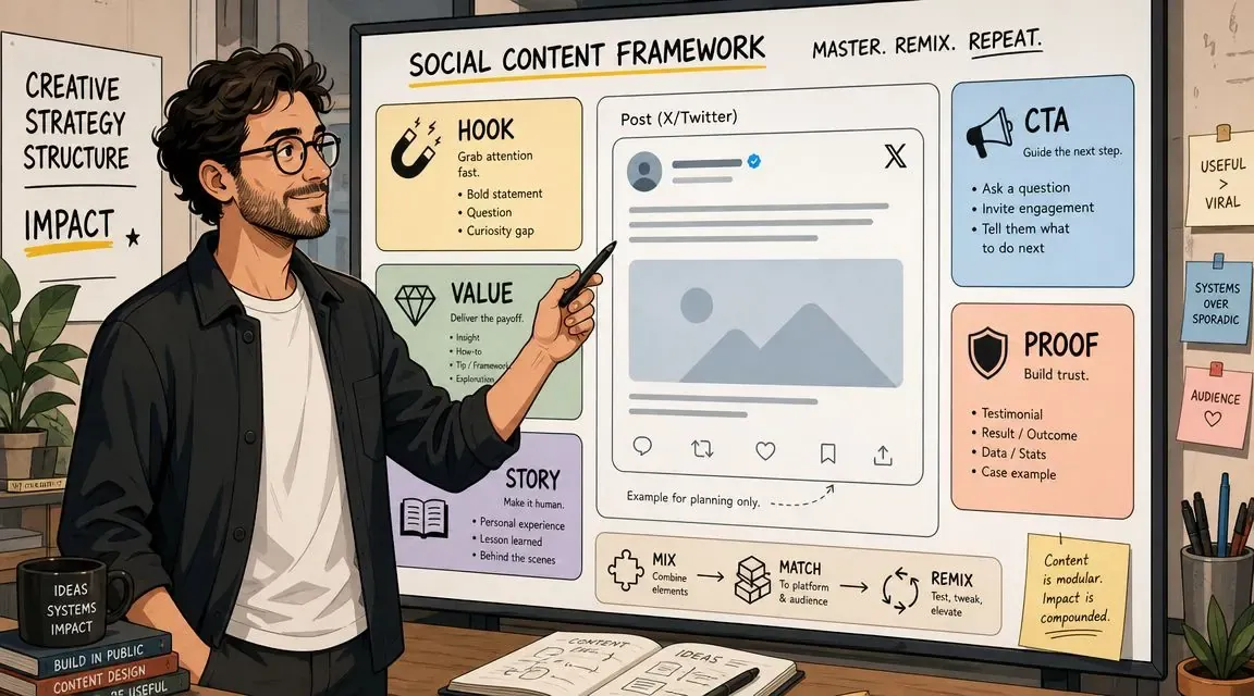 A man explaining a social media content framework diagram featuring post structure, value, and engagement strategies.