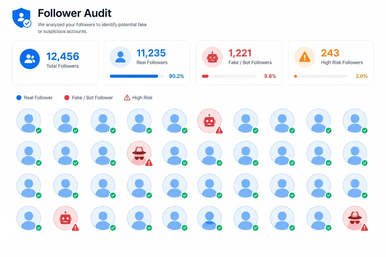 Follower audit dashboard showing real followers, fake followers, high risk followers, and profile quality signals.