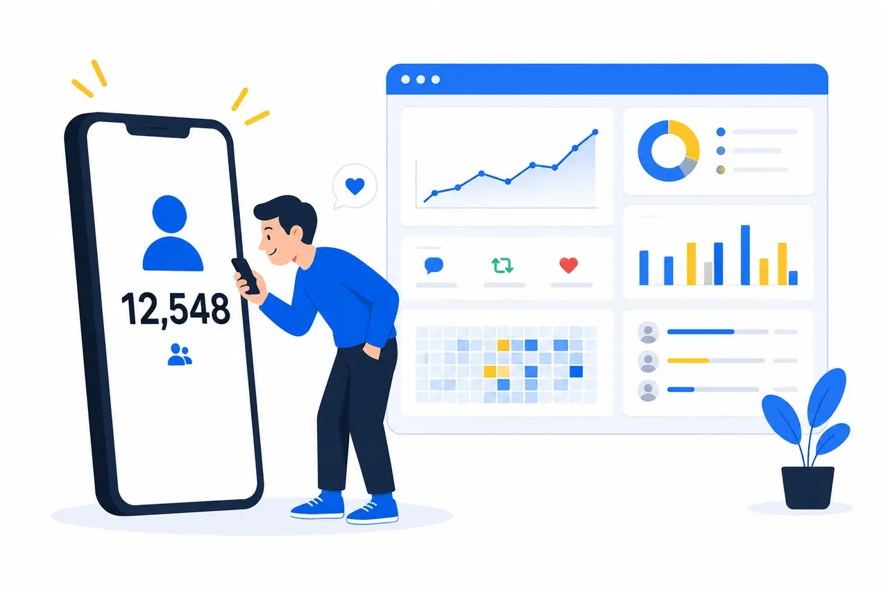Illustration of a creator reviewing a follower count and analytics dashboard while diagnosing follower tracking mistakes.