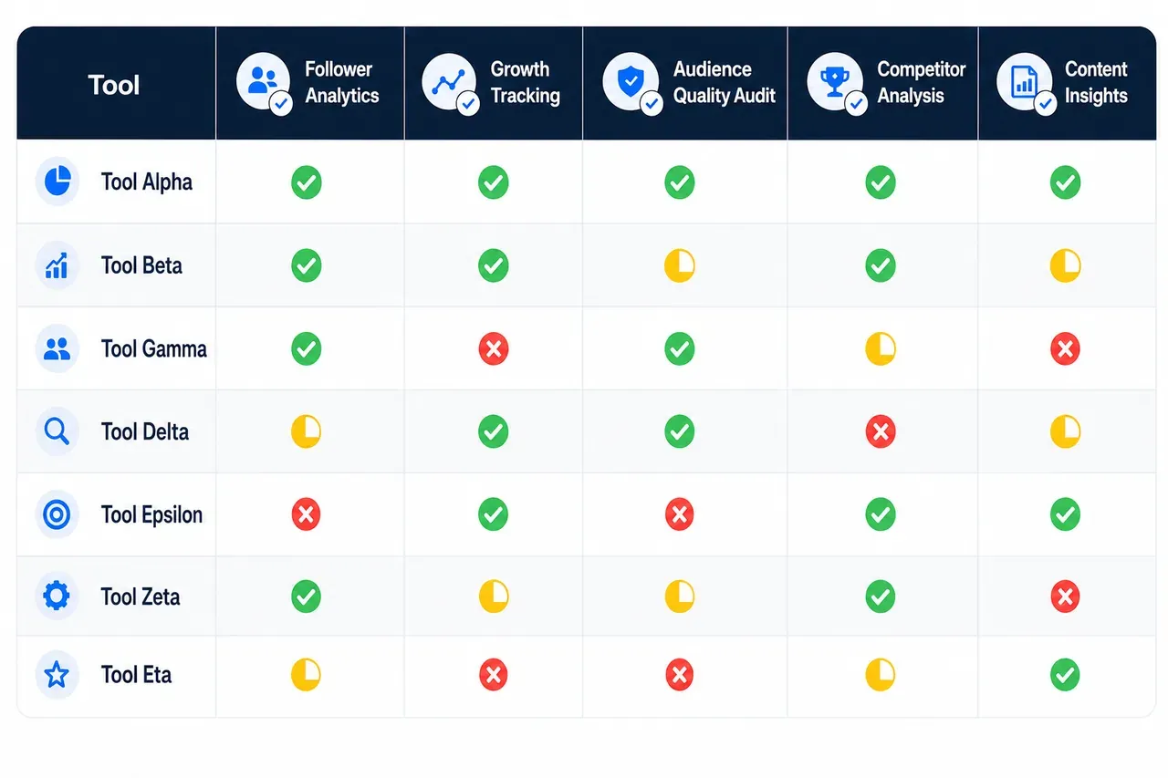 Comparison matrix showing follower analytics, growth tracking, audience quality audit, competitor analysis, and content insights across tools.