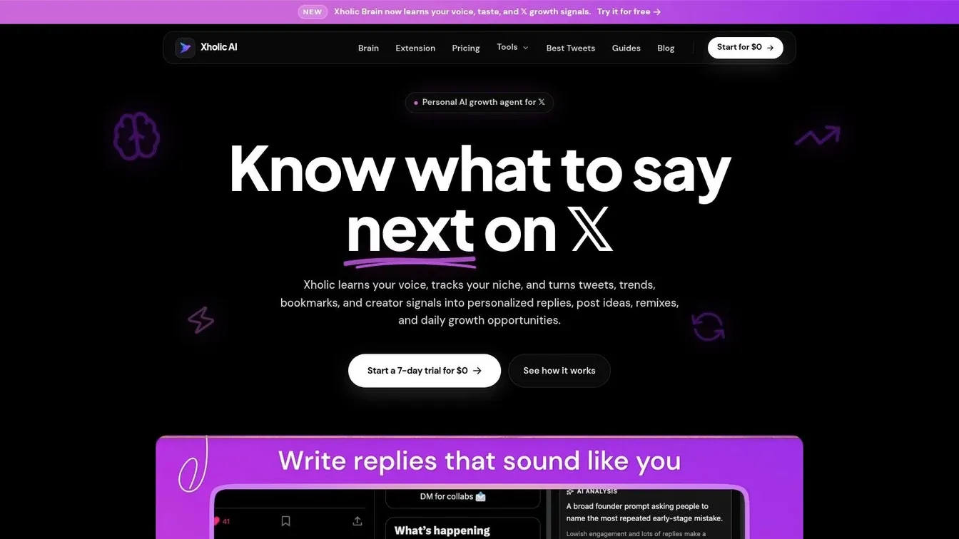 The Xholic AI homepage showing its personalized X growth tools and writing workflow.