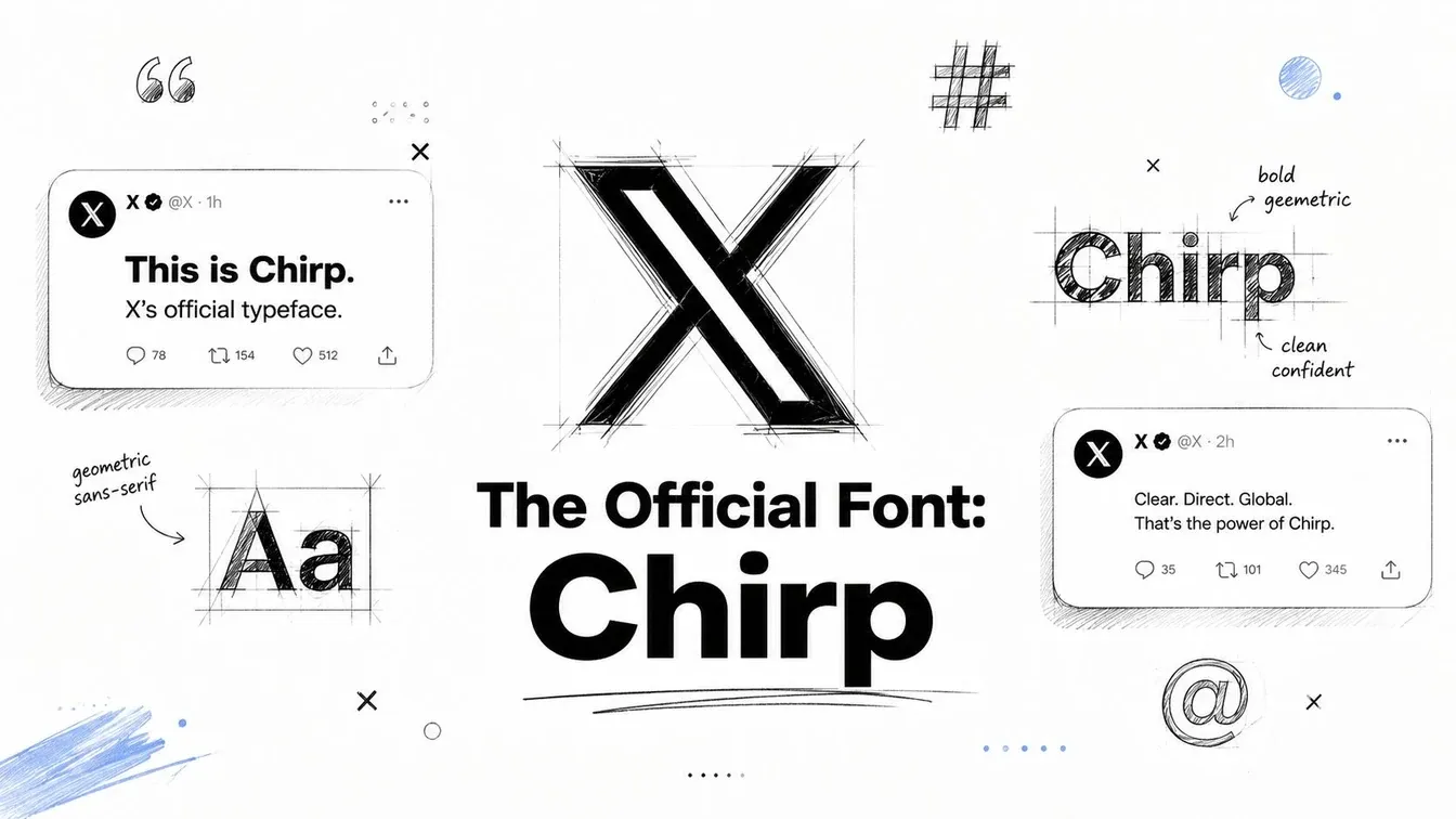 A design presentation showing Chirp, the official X typeface, with sketches and sample social posts.
