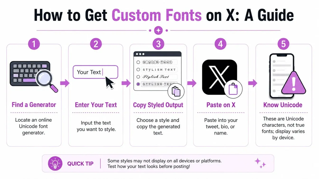A five-step infographic showing how to generate, copy, and use custom Unicode font styles on X.