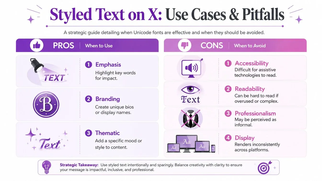 An infographic comparing the benefits and drawbacks of using styled Unicode text on X.