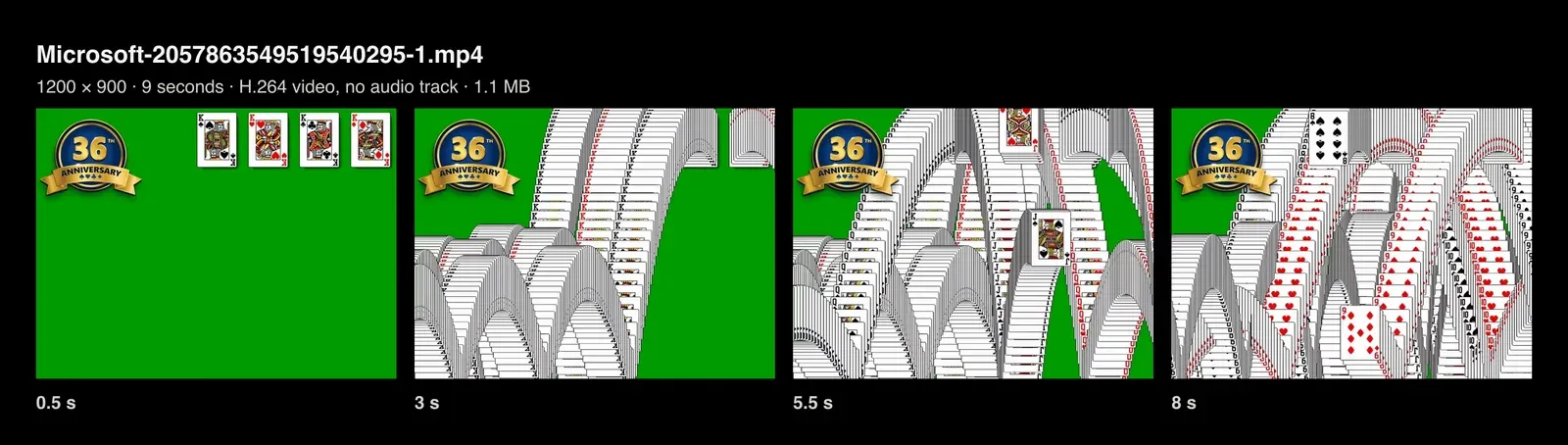 Four frames from the downloaded Microsoft Solitaire GIF at 0.5, 3, 5.5 and 8 seconds, showing cards cascading across a green table. The file is 1200 by 900, 9 seconds, H.264 video with no audio track, 1.1 MB.