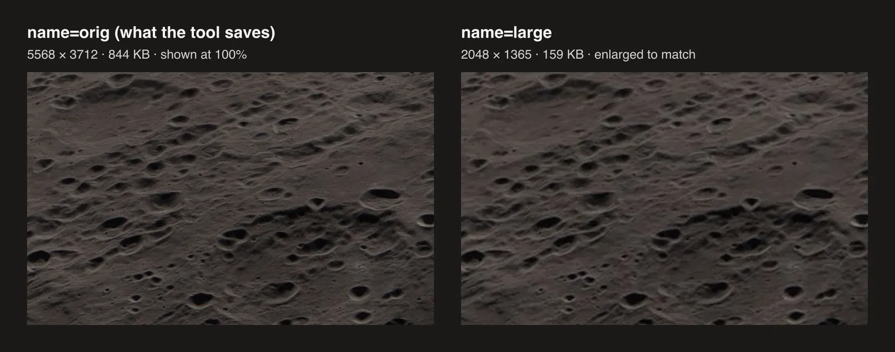 The same patch of lunar surface from a NASA Artemis II photo: on the left the name=orig file at 5568 by 3712 shown at 100 percent with sharp crater rims, on the right the name=large file at 2048 by 1365 enlarged to the same size and visibly softer.
