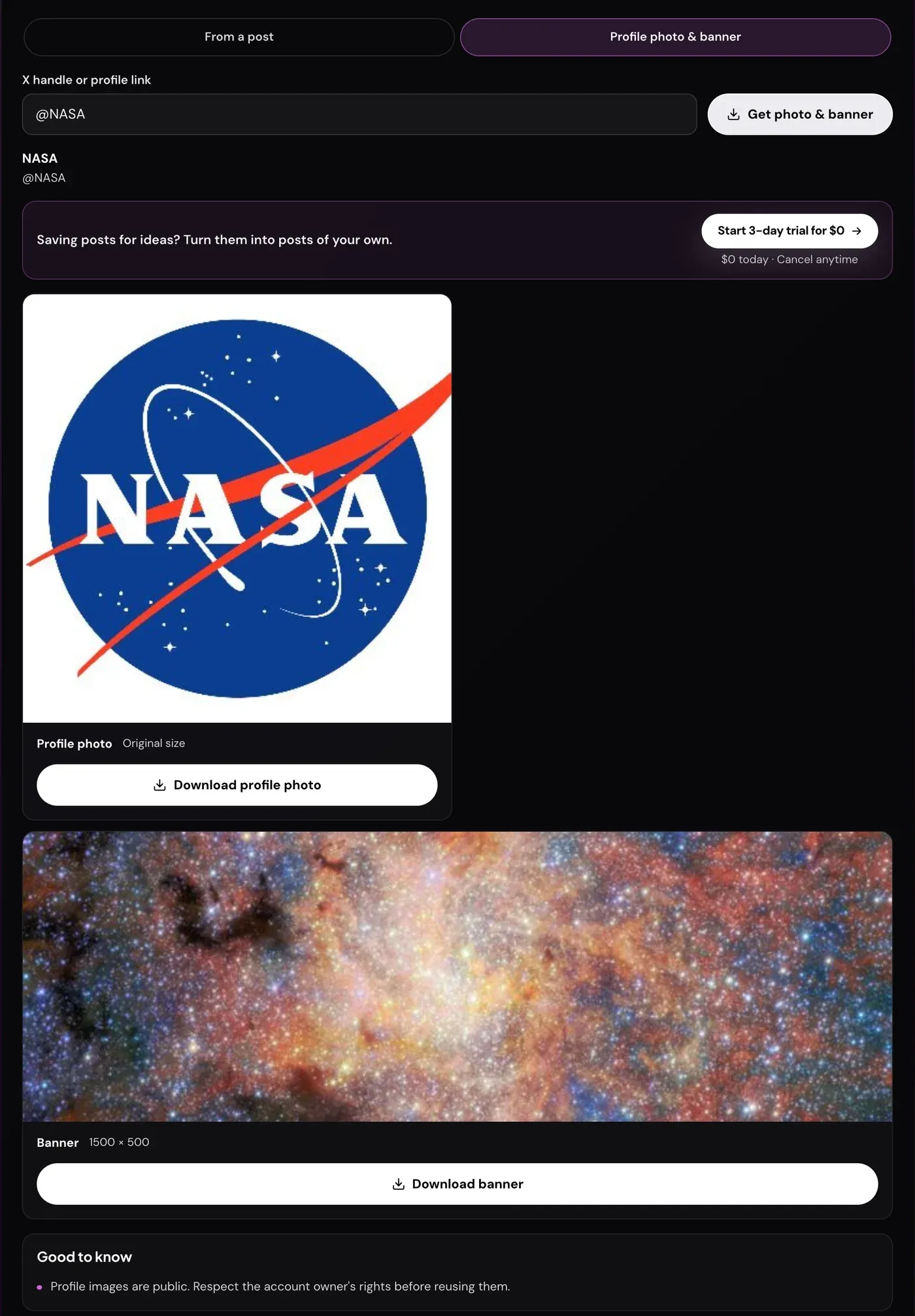 The Profile photo and banner tab after entering @NASA: the NASA logo profile photo labelled Original size, and NASA's starfield header labelled 1500 by 500, each with its own download button.