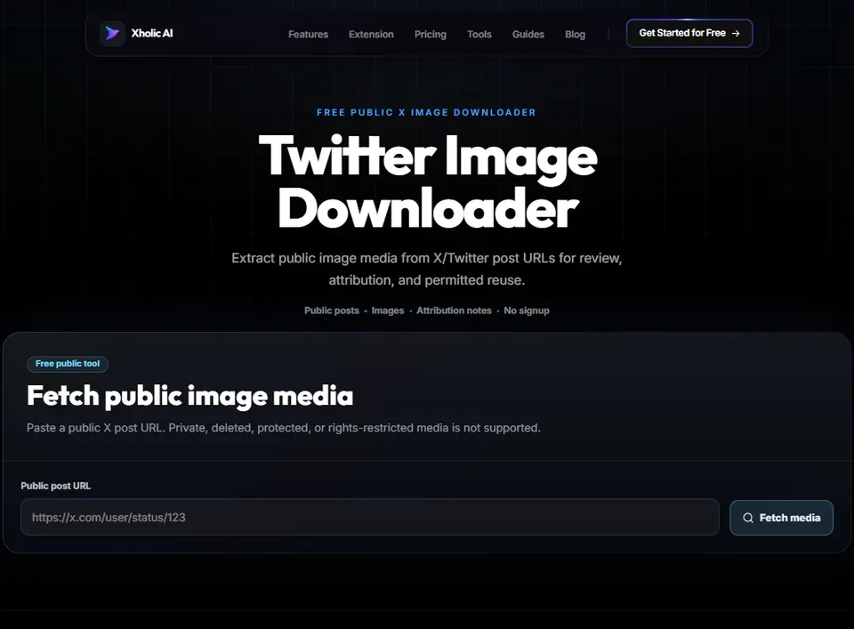 Twitter Image Downloader interface for fetching public image assets from a post URL.