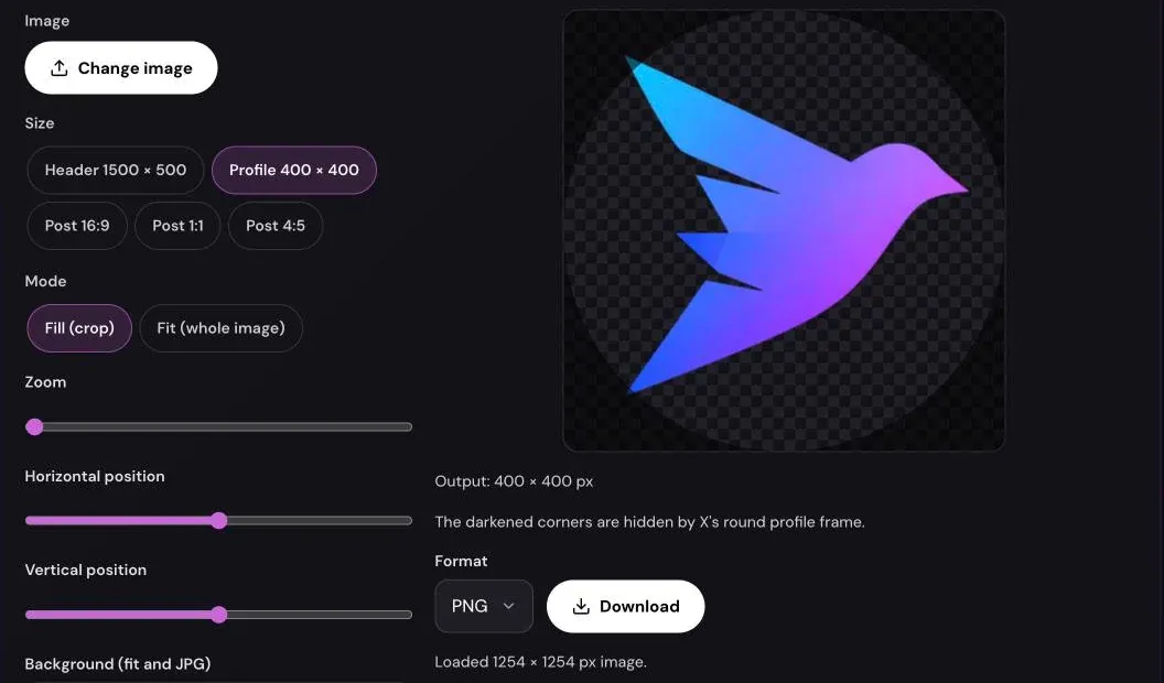 The resizer's Profile 400 × 400 preset with the Xholic logo loaded and darkened corners showing what X's round frame hides.