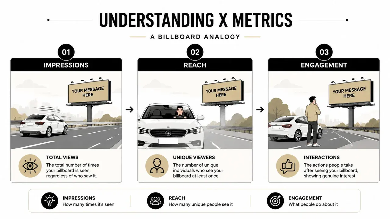 An infographic explaining Twitter metrics: impressions, reach, and engagement using a billboard analogy.