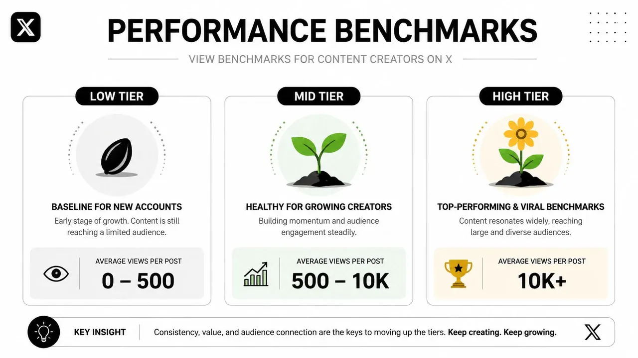 A graphic showing X performance benchmarks for creators from low to high impression ranges.