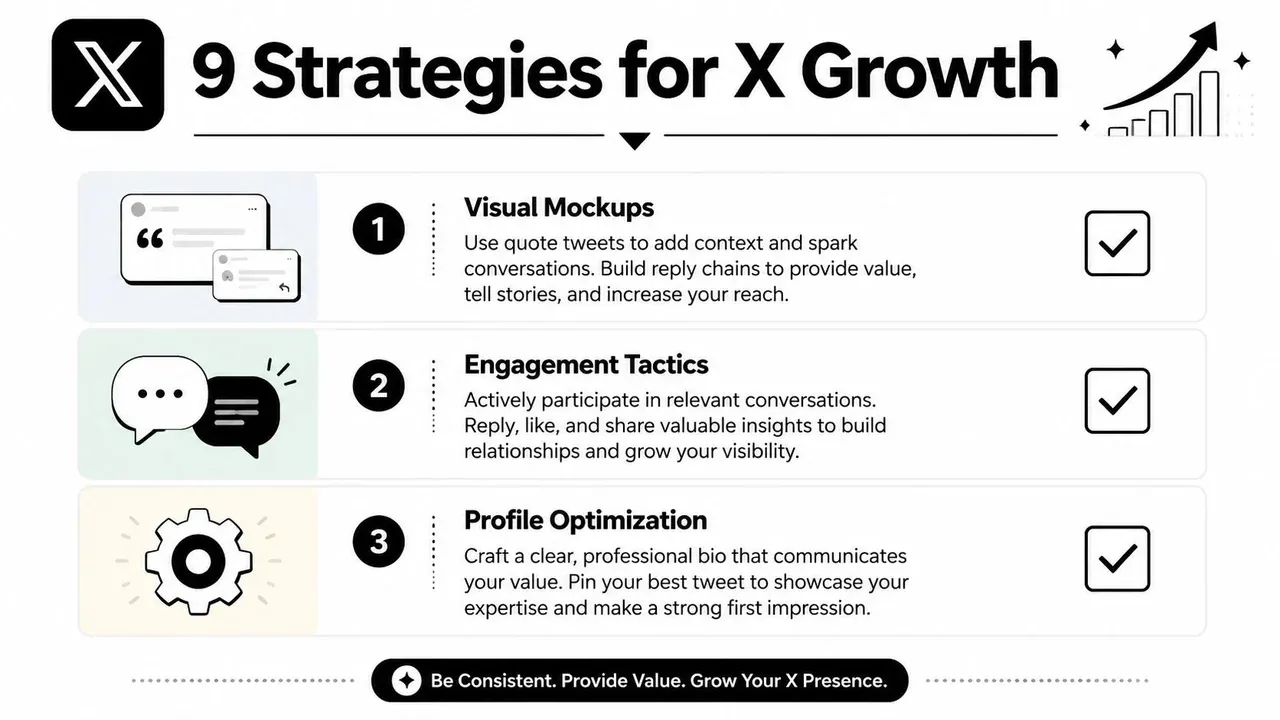 An infographic outlining three strategies for growth and increasing engagement on the X platform.