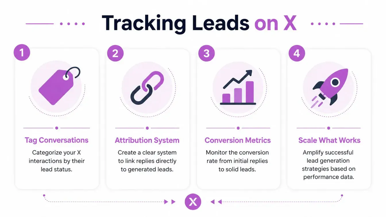 A four-step infographic illustrating a process for effectively tracking and managing business leads on X platform.
