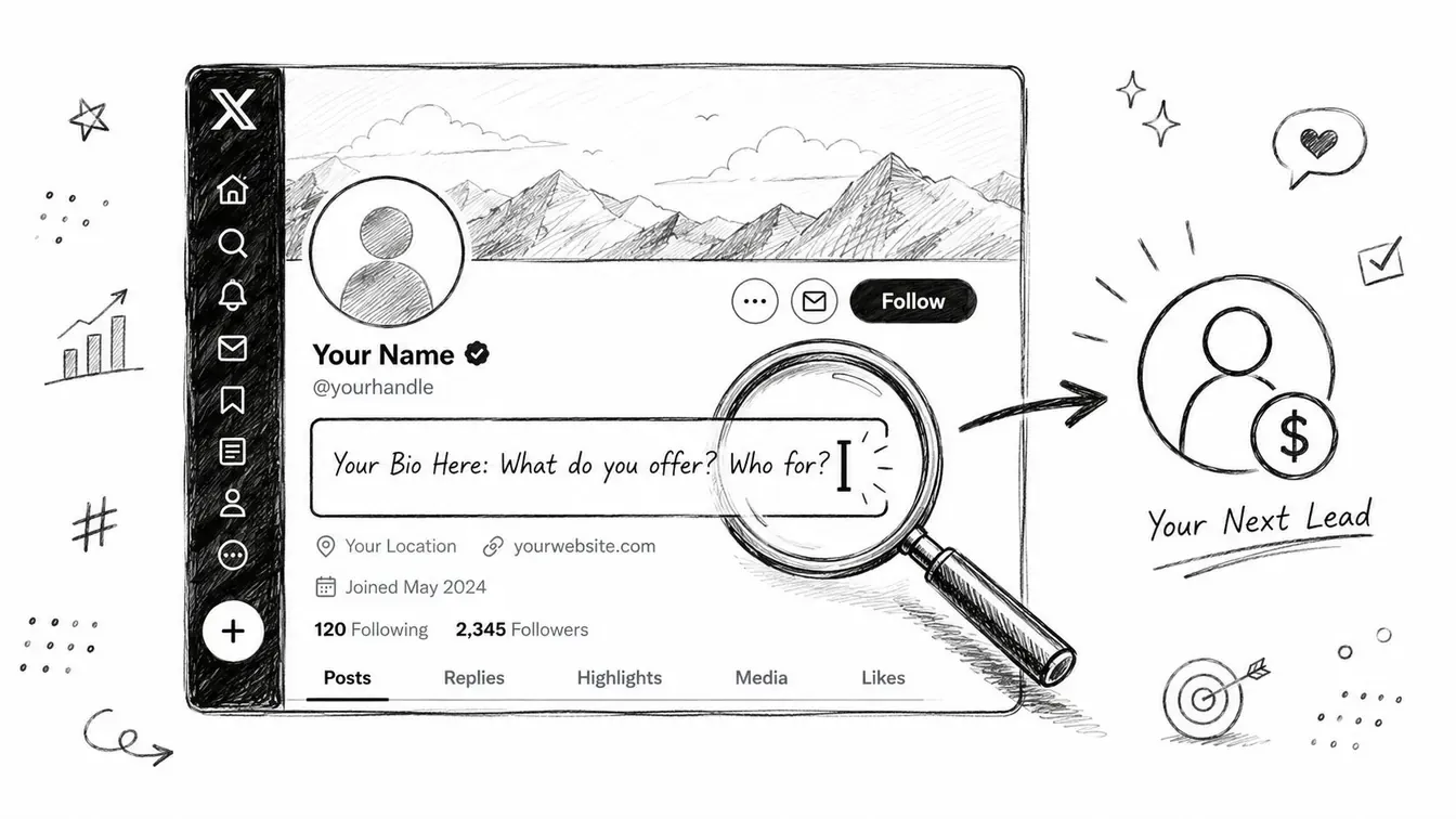 A hand-drawn sketch illustrating a social media profile optimized for attracting leads and business growth.