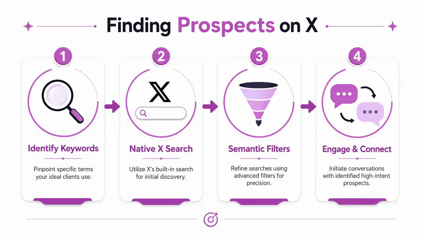 A four-step infographic illustrating how to find and connect with sales prospects on the X platform.
