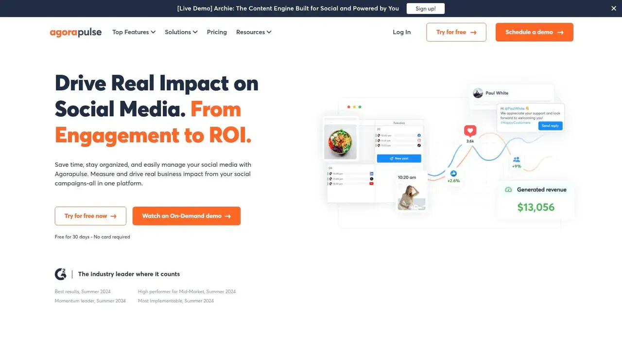 Agorapulse social media management platform for inboxes, approvals, reports, and scheduling.