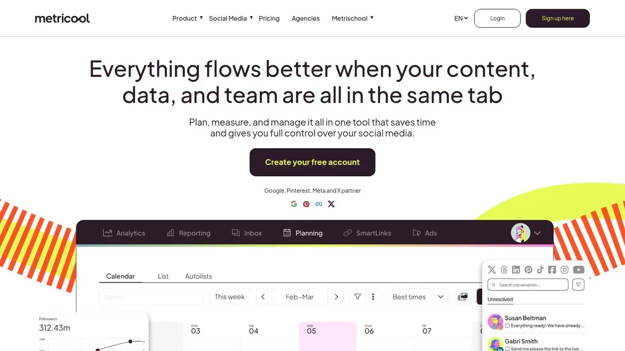 Metricool social media dashboard for analytics-first Twitter management and reporting.