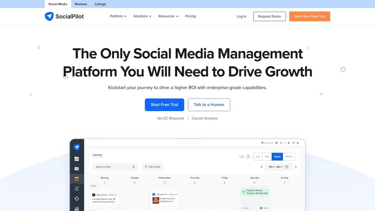 SocialPilot social media platform for bulk scheduling, account management, and reporting.