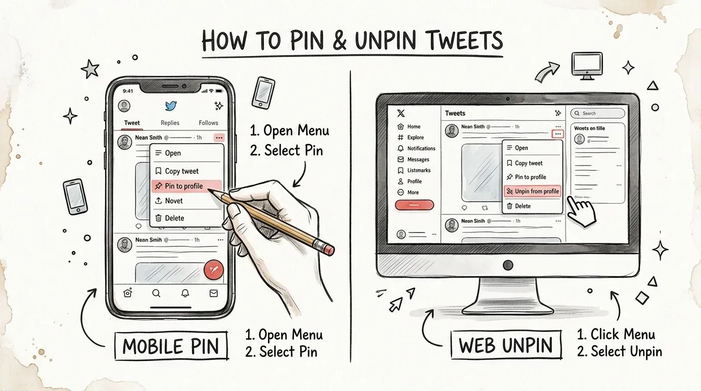 An instructional illustration demonstrating the steps to pin and unpin tweets on mobile and desktop platforms.