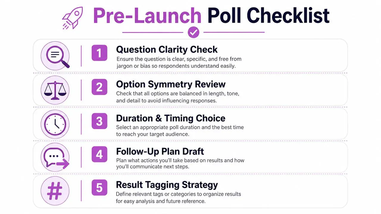 A checklist of five essential steps to follow before launching a social media poll for better engagement.