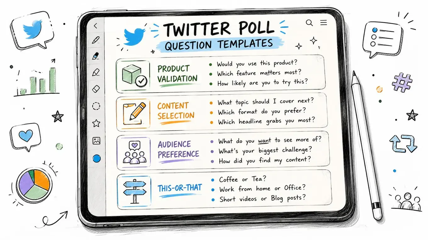 A digital tablet screen displaying a guide for creating engaging Twitter poll questions with product, content, audience, and this-or-that categories.