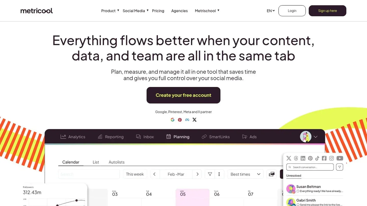 Metricool social media management and analytics dashboard.